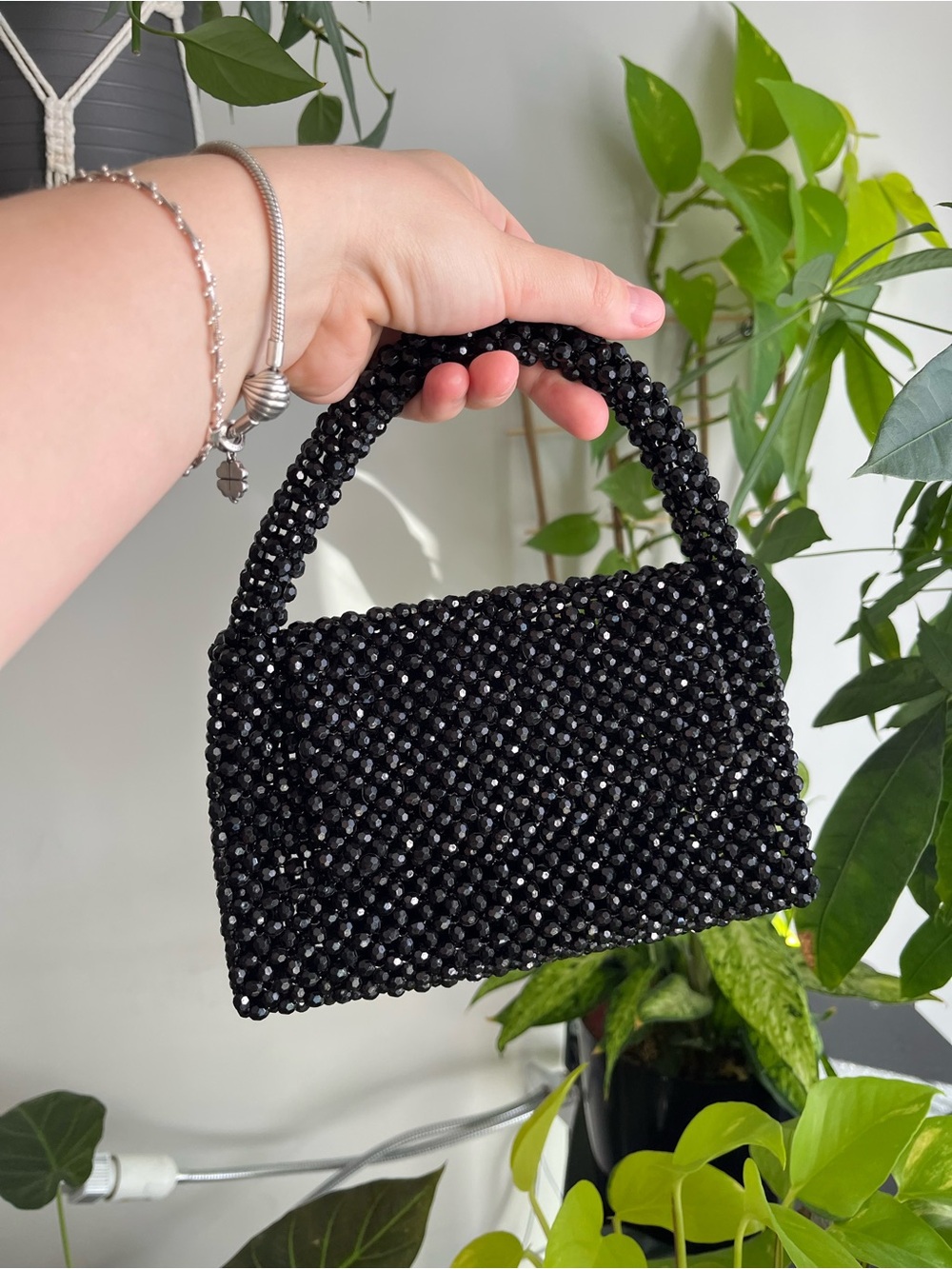 Black Beaded Mini Tote Bag - Handmade